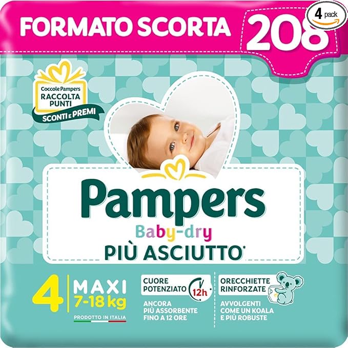 Pampers Baby Dry Maxi, 208 Pannolini, Taglia 4 Maxi (7-18 kg)