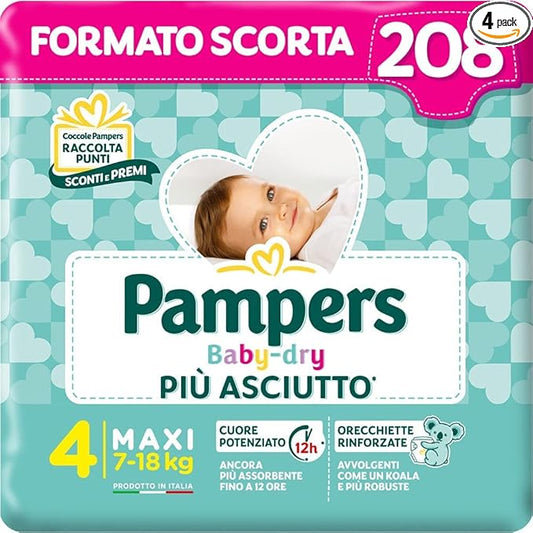 Pampers Baby Dry Maxi, 208 Pannolini, Taglia 4 Maxi (7-18 kg)