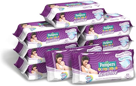 Pampers Sensitive Salviettine, Formula Delicata Senza Profumazione, Ripristina il Ph della Pelle, 9 Confezioni da 63 Pezzi, 567 Salviettine