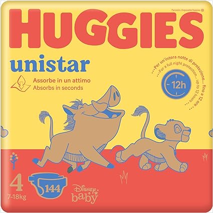 Huggies Unistar Pannolini, Taglia 4 (7-18 Kg), Confezione da 144 pannolini