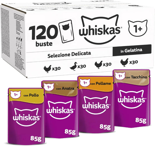 Whiskas Selezione Delicata in Gelatina 1+, Cibo Umido per Gatti, Pacco Formato Scorta, 120 Bustine ognuna da 85g (120 x 85g)