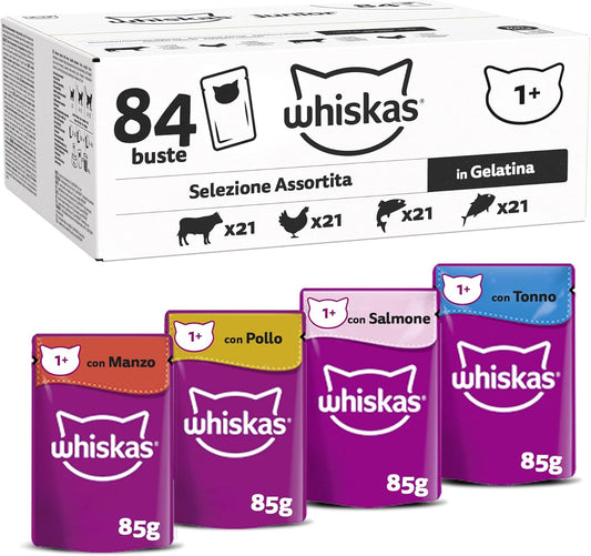Whiskas Selezione Assortita in Gelatina 1+, Cibo Umido per Gatti, Pacco Formato Scorta, 84 Bustine ognuna da 85g (84 x 85g)