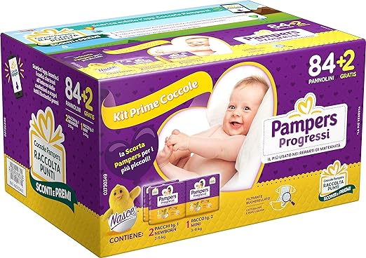 Pampers Progressi Primi Giorni, 86 Pannolini, Due Pacchi Taglia 1, 2-5 Kg, E Un Pacco Taglia 2, 3-6 Kg